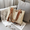 New retro casual foldable corduroy straw tote bag weaving shoulder bag handwoven purse for daily use